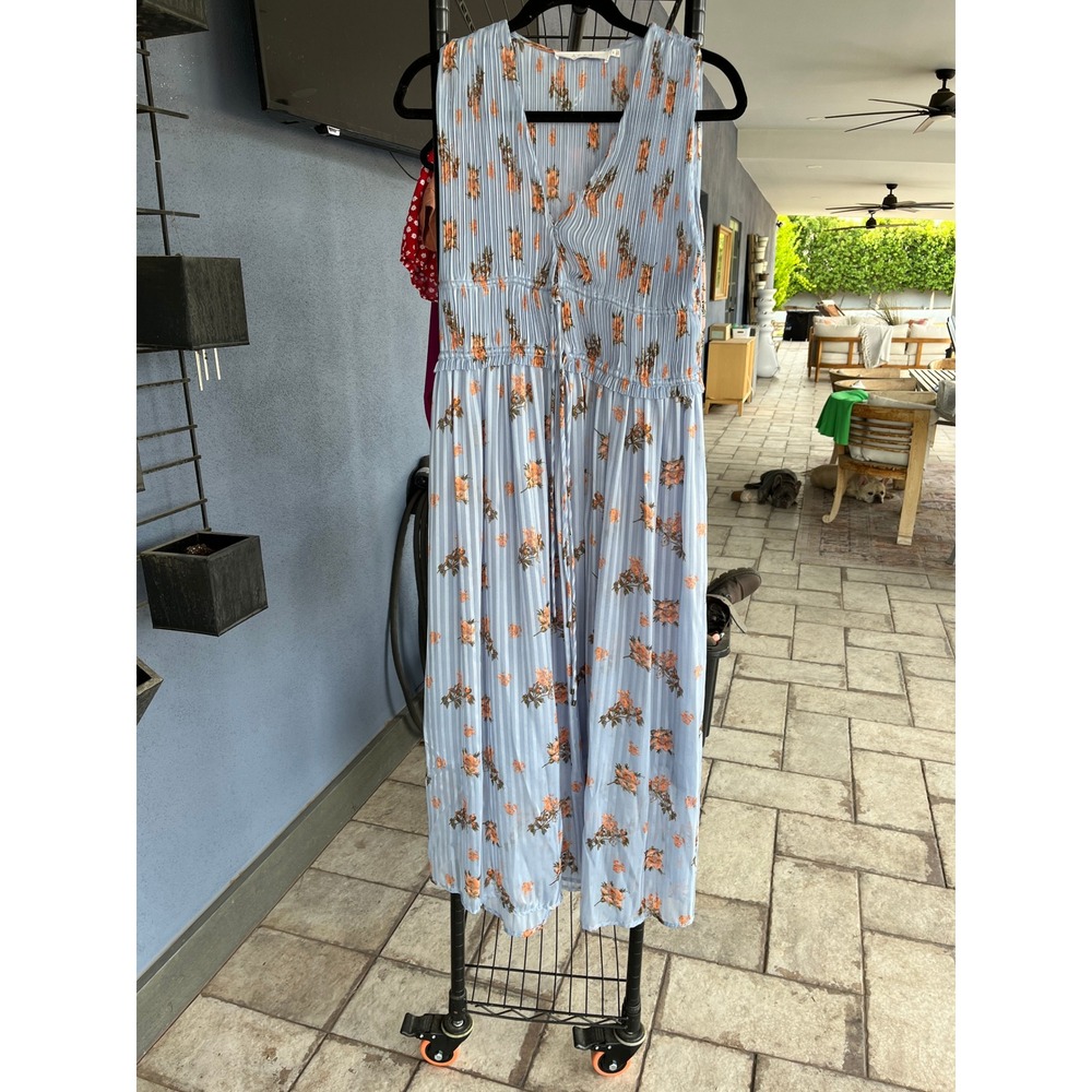 Elegant Chic Blue Floral Plisse Midi Dress Smocked Waist Boho Summer Wedding M